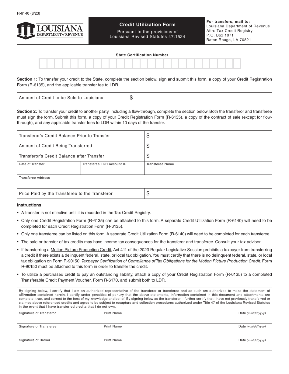 Form R-6140 Credit Utilization Form - Louisiana, Page 1