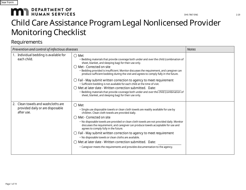 Form DHS-7867 Child Care Assistance Program Legal Nonlicensed Provider Monitoring Checklist - Minnesota