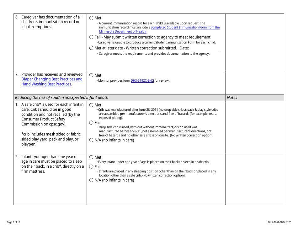 Form DHS-7867 Child Care Assistance Program Legal Nonlicensed Provider Monitoring Checklist - Minnesota, Page 3