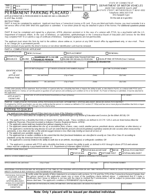 Form B-225P Permanent Parking Placard - Application for a Person Who Is Blind or Has a Disability - Connecticut