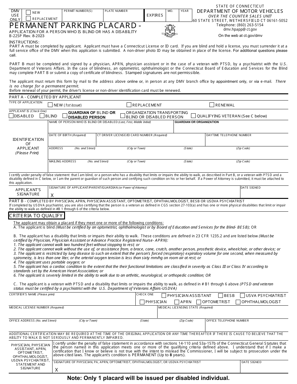 Form B-225P Permanent Parking Placard - Application for a Person Who Is Blind or Has a Disability - Connecticut, Page 1