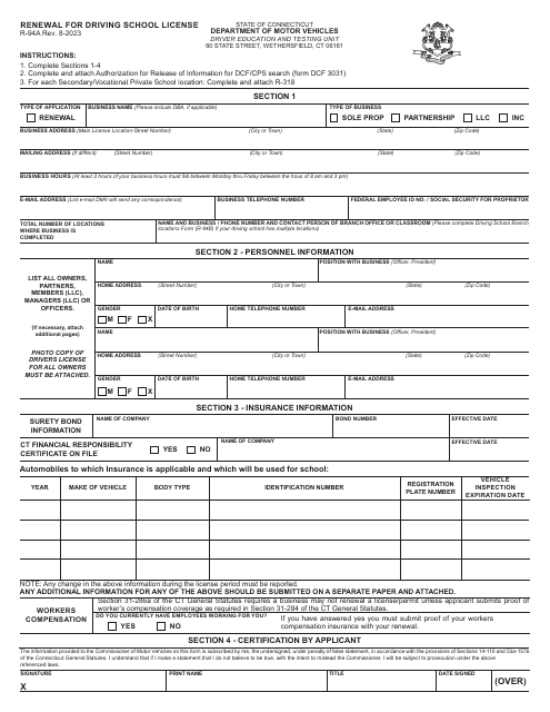 Form R-94A Renewal for Driving School License - Connecticut