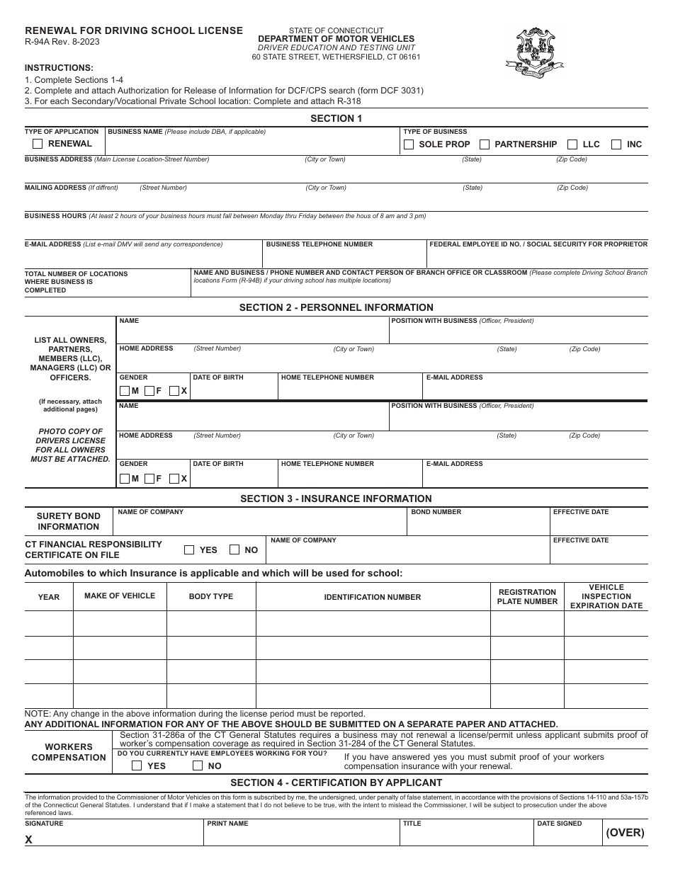 Form R-94A Renewal for Driving School License - Connecticut, Page 1