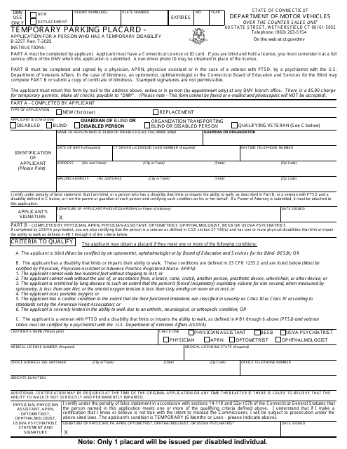 Form B-225T Temporary Parking Placard - Application for a Person Who Has a Temporary Disability - Connecticut