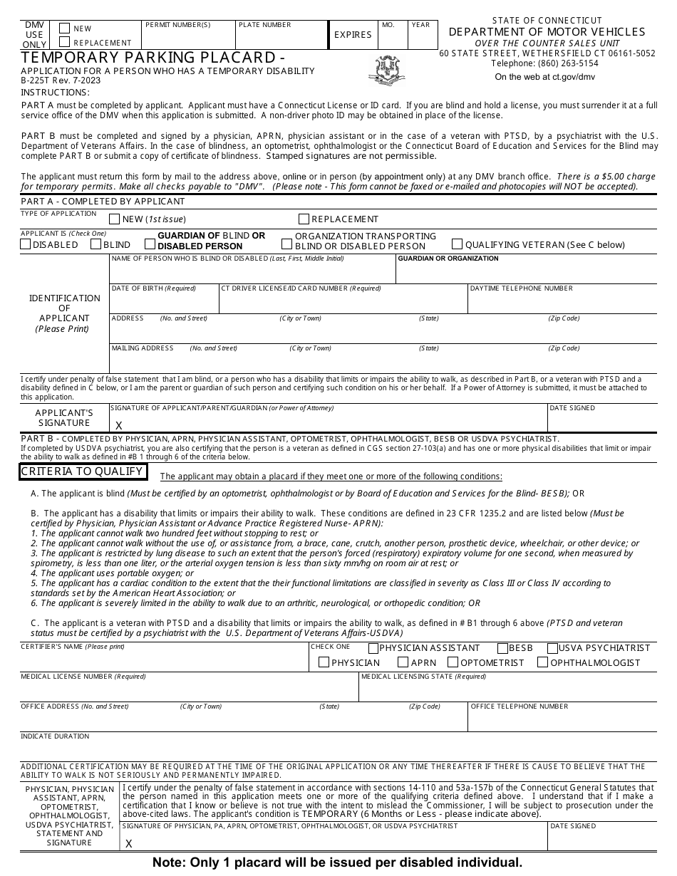 Form B-225T Temporary Parking Placard - Application for a Person Who Has a Temporary Disability - Connecticut, Page 1