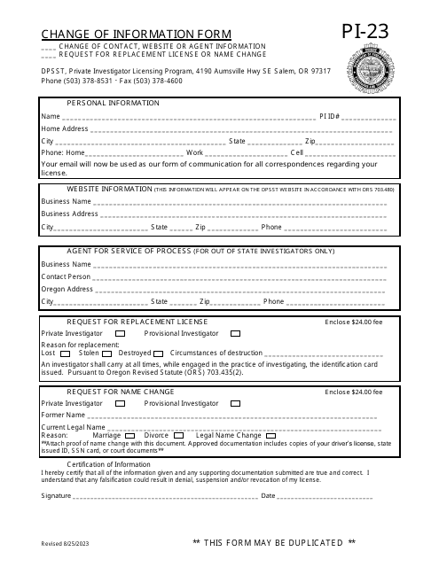 Form PI-23 Change of Information Form - Oregon