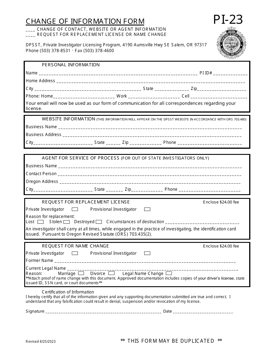 Form PI-23 Change of Information Form - Oregon, Page 1