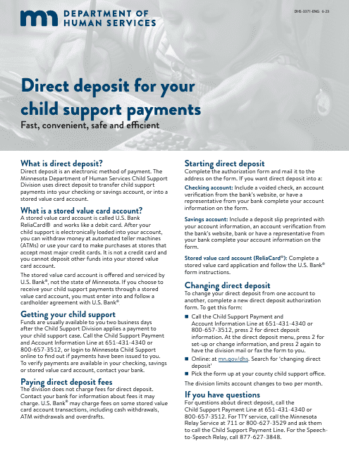 Form DHS-3371-ENG Child Support Direct Deposit Authorization Form - Minnesota