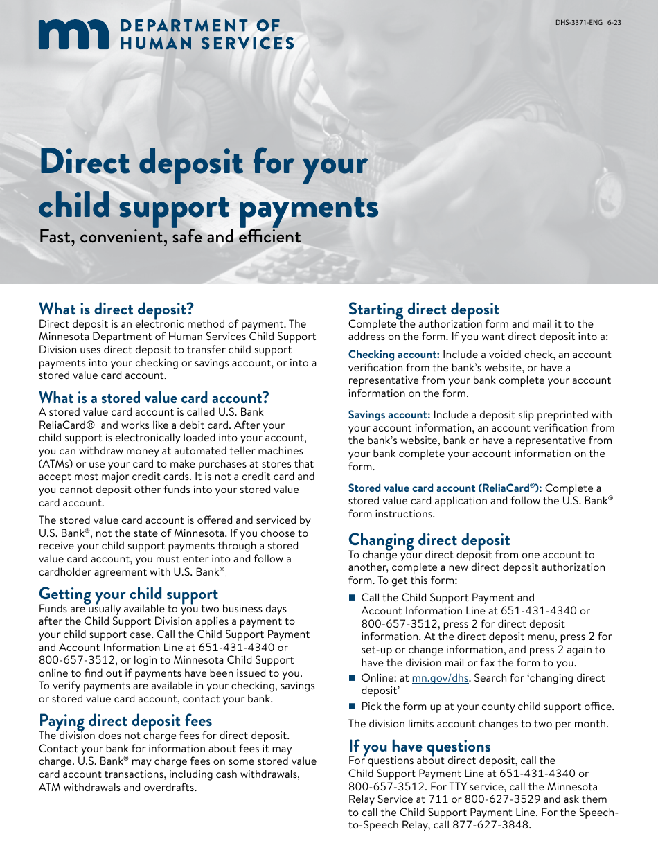 Form DHS-3371-ENG Child Support Direct Deposit Authorization Form - Minnesota, Page 1