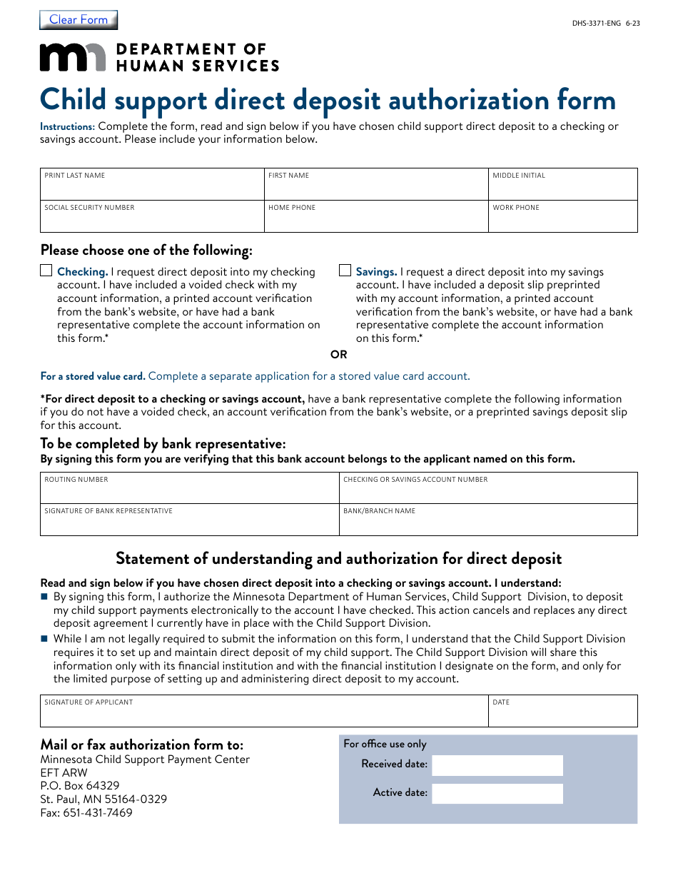 Form DHS-3371-ENG Child Support Direct Deposit Authorization Form - Minnesota, Page 3