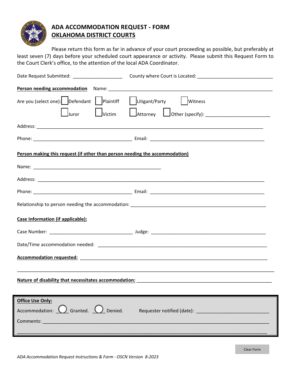 Ada Accommodation Request Form - Oklahoma, Page 3
