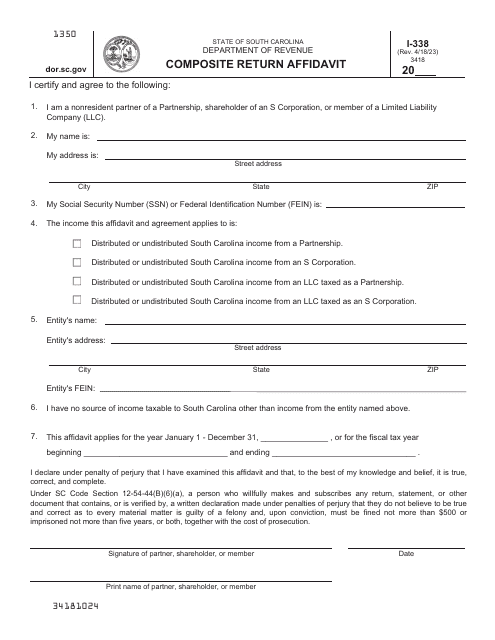 Form I-338 Composite Return Affidavit - South Carolina