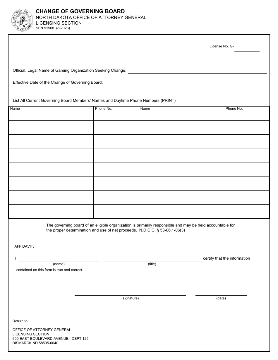 Form SFN51568 Change of Governing Board - North Dakota, Page 1