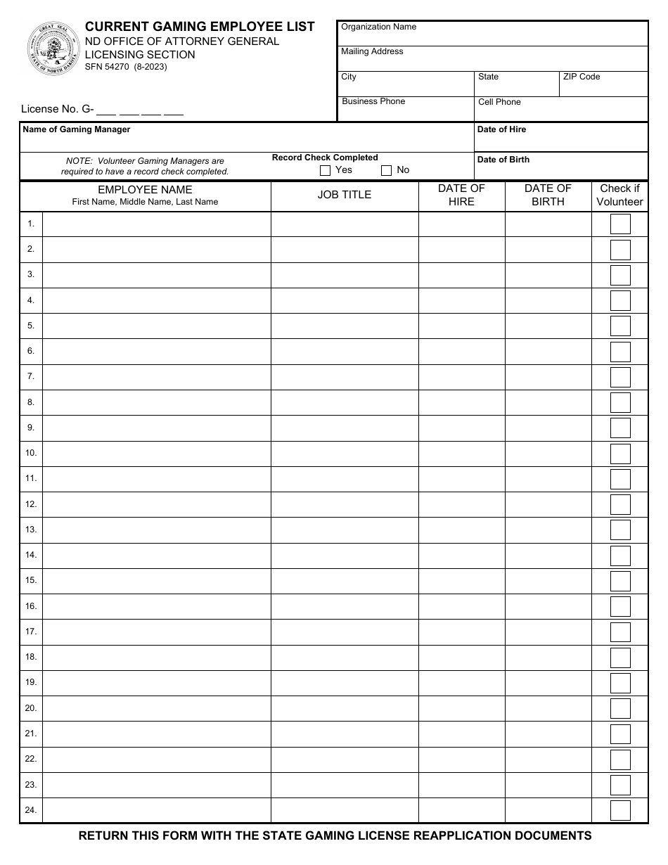 Form SFN54270 Download Fillable PDF or Fill Online Current Gaming ...