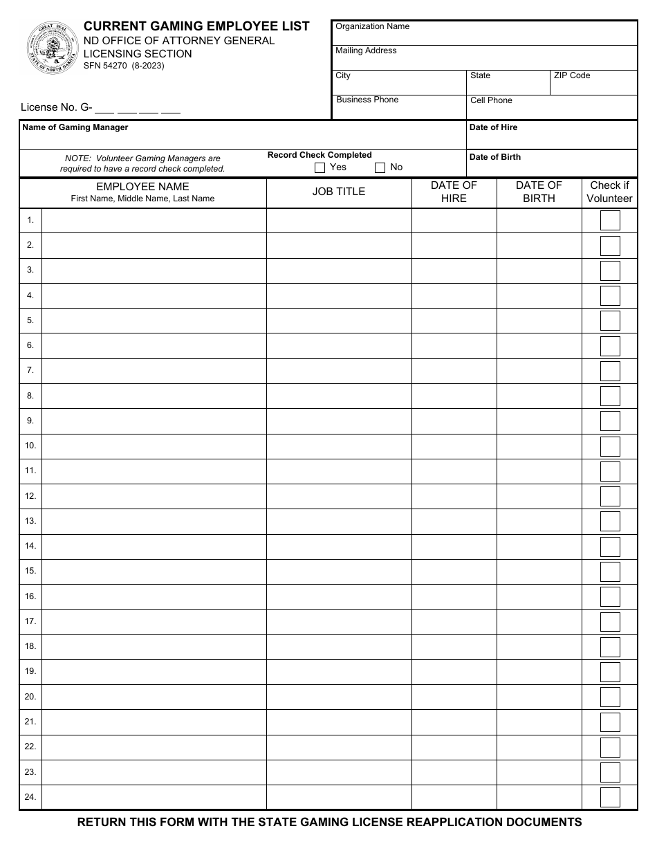 Form SFN54270 Current Gaming Employee List - North Dakota, Page 1