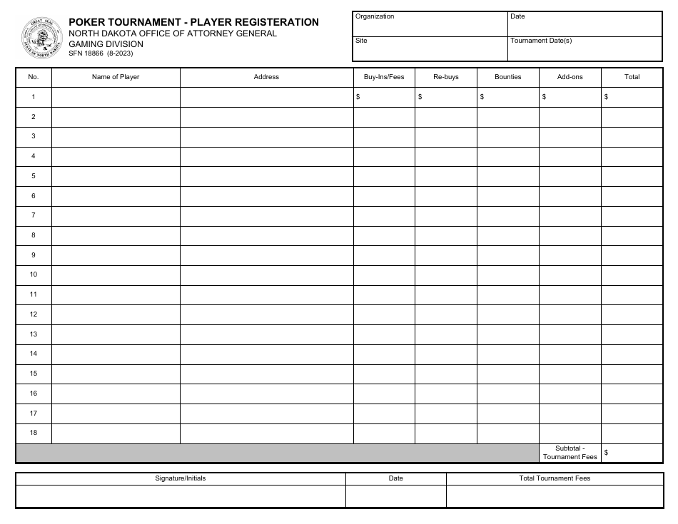 Form SFN18866 Poker Tournament - Player Registeration - North Dakota, Page 1