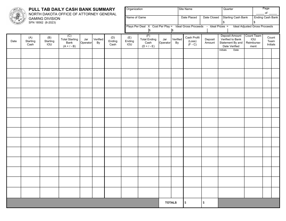 Form SFN18562 Pull Tab Daily Cash Bank Summary - North Dakota, Page 1