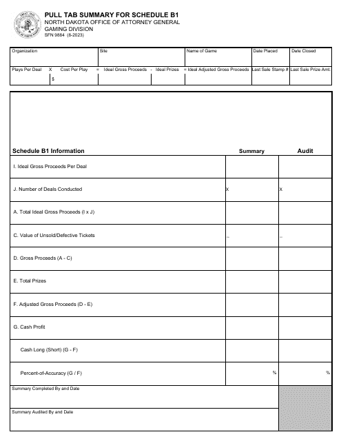 Form SFN9884 Pull Tab Summary for Schedule B1 - North Dakota