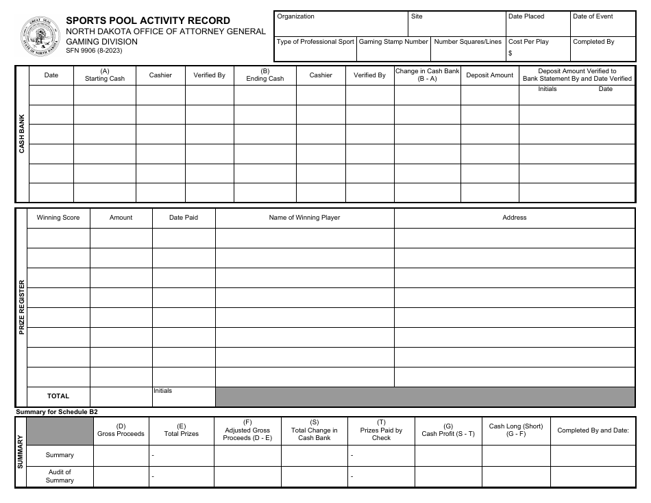 Form SFN9906 Sports Pool Activity Record - North Dakota, Page 1