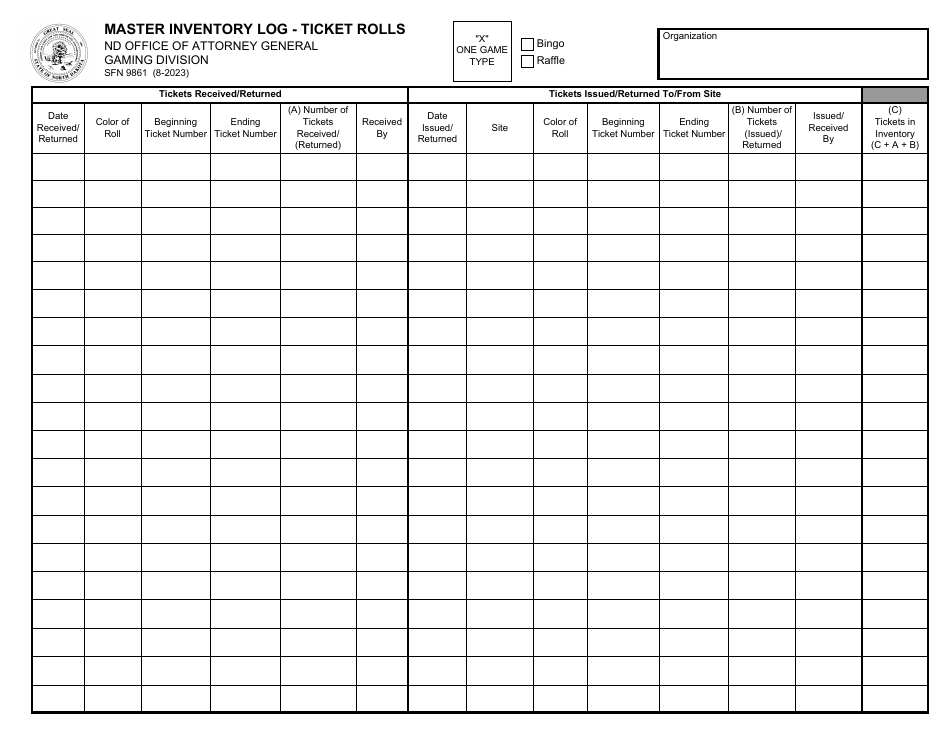 Form SFN9861 Download Fillable PDF or Fill Online Master Inventory Log ...