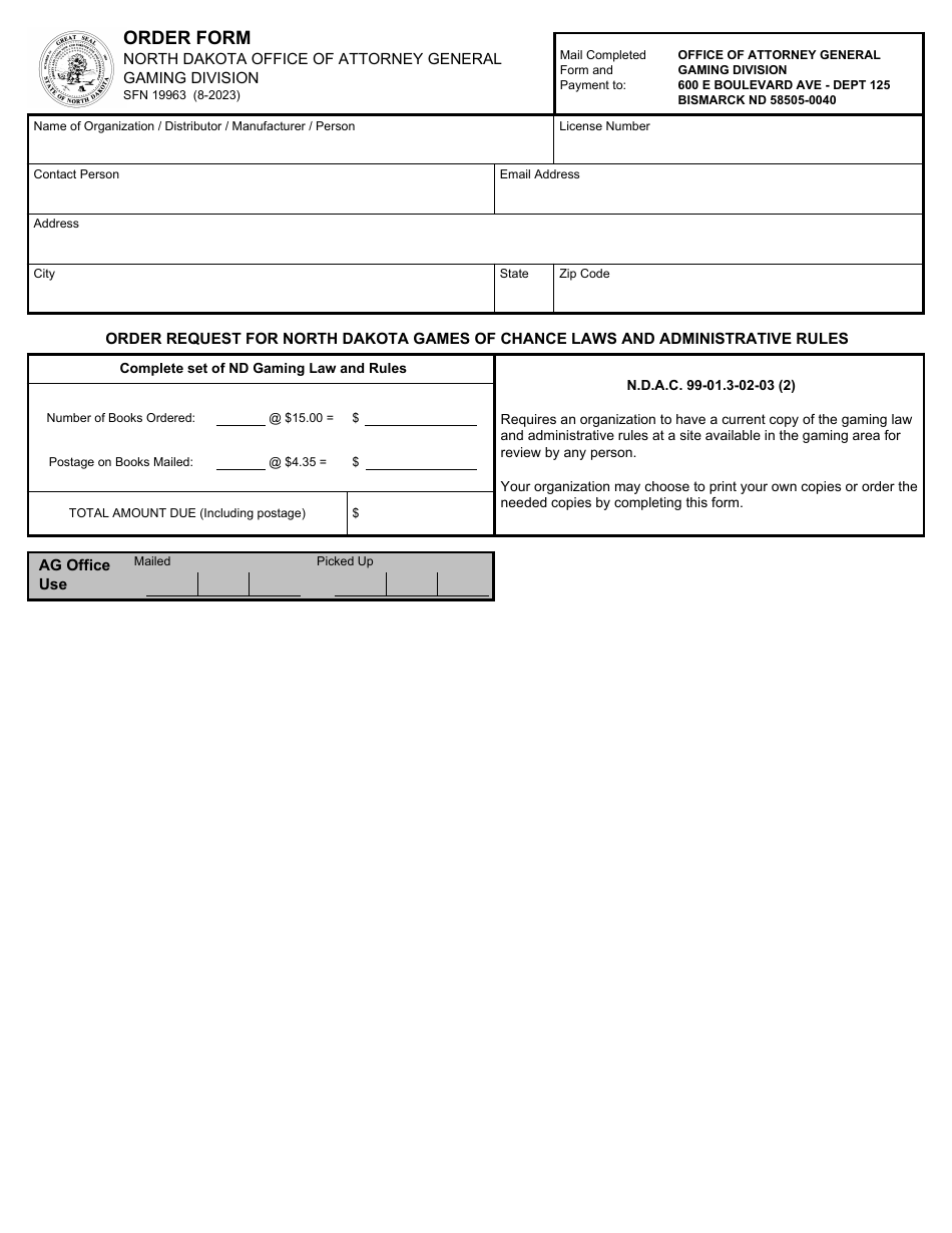 Form SFN19963 Order Form - North Dakota, Page 1