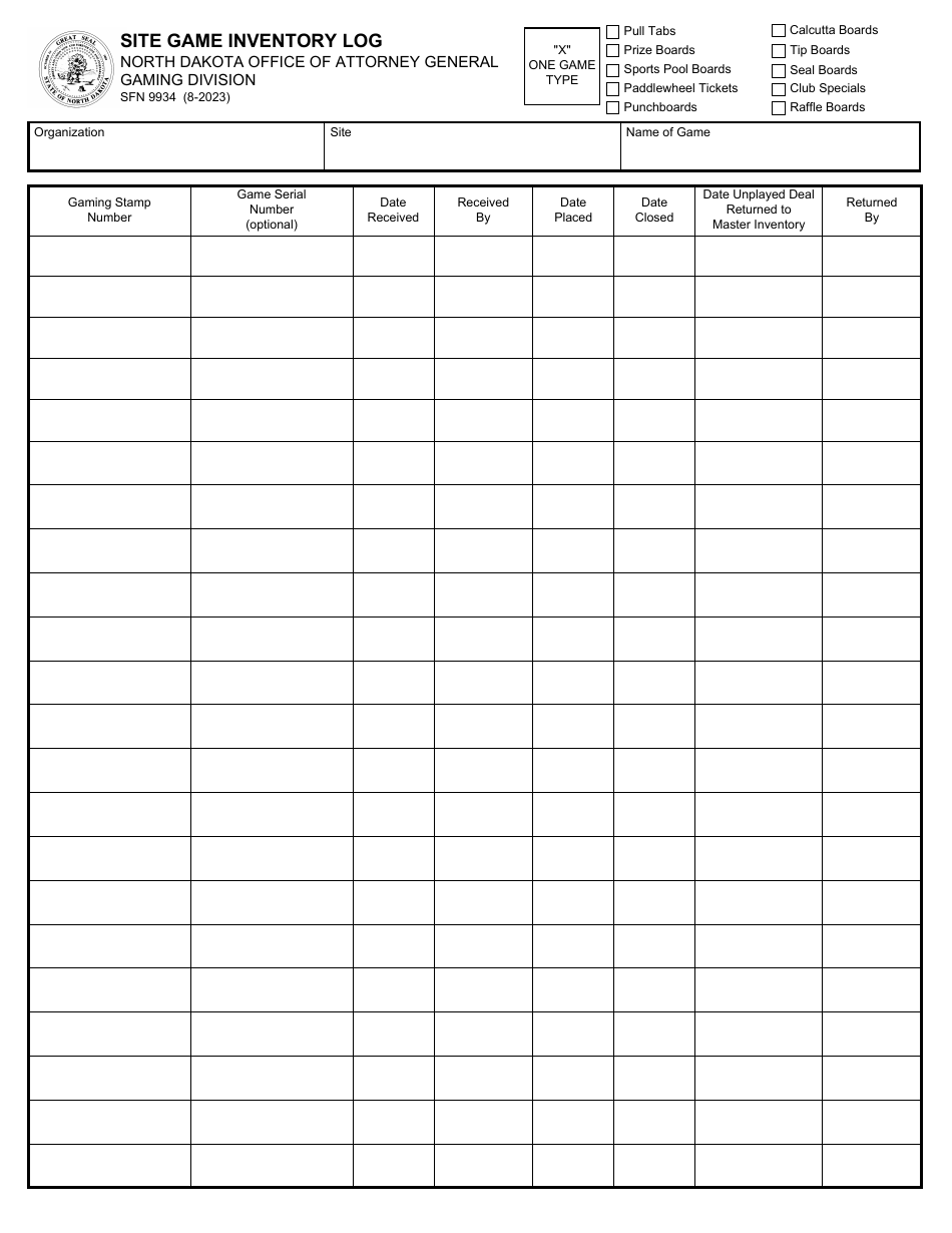 Form SFN9934 Download Fillable PDF or Fill Online Site Game Inventory ...