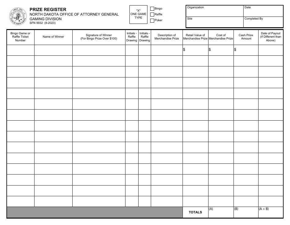 Form SFN9932 Prize Register - North Dakota, Page 1