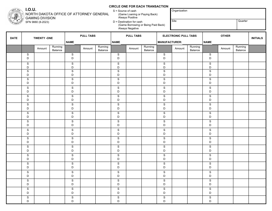 Form SFN9880 I.o.u. - North Dakota, Page 1