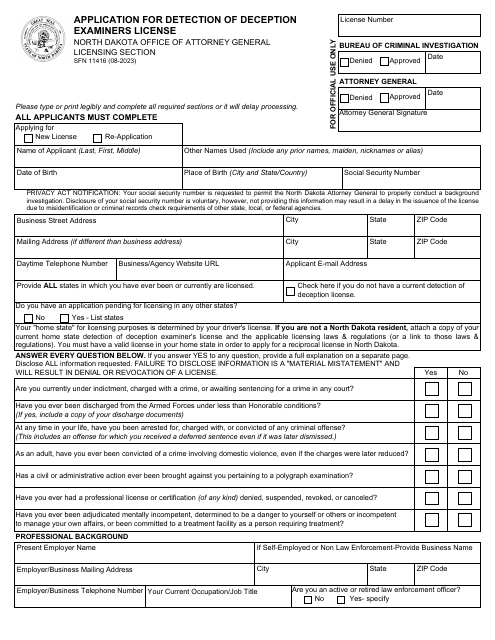 Form SFN11416 Application for Detection of Deception Examiners License - North Dakota