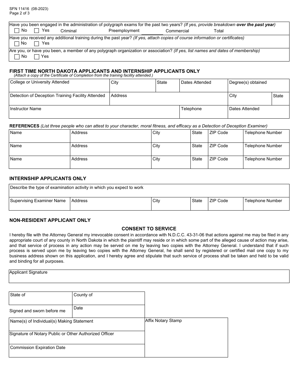 Form SFN11416 Application for Detection of Deception Examiners License - North Dakota, Page 2