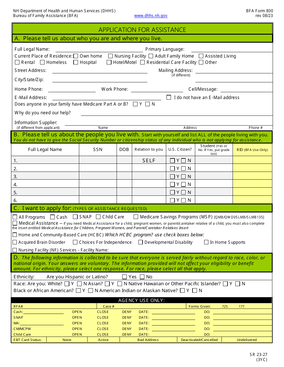 BFA Form 800 Application for Assistance - New Hampshire, Page 3