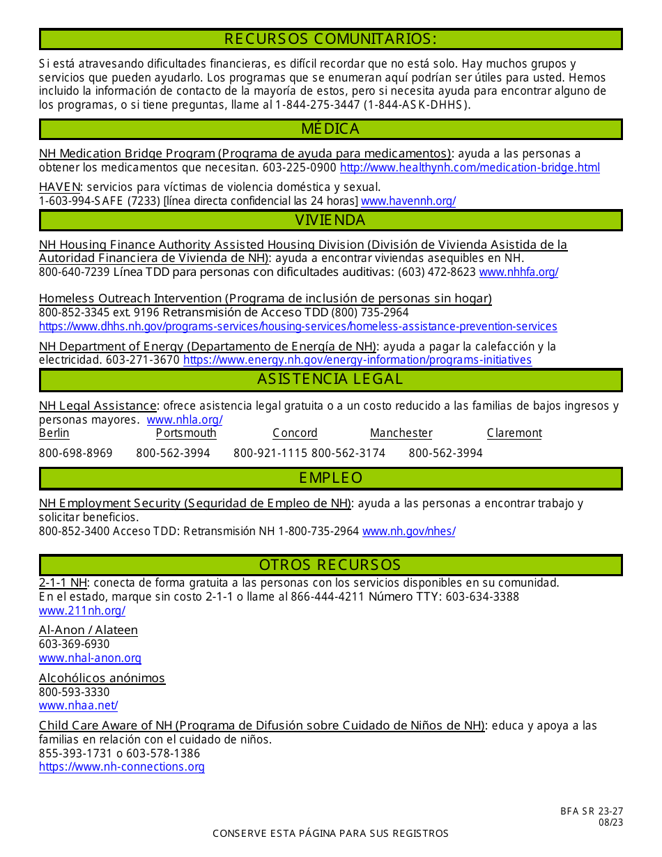 BFA Formulario 800 Solicitud De Asistencia - New Hampshire (Spanish), Page 11