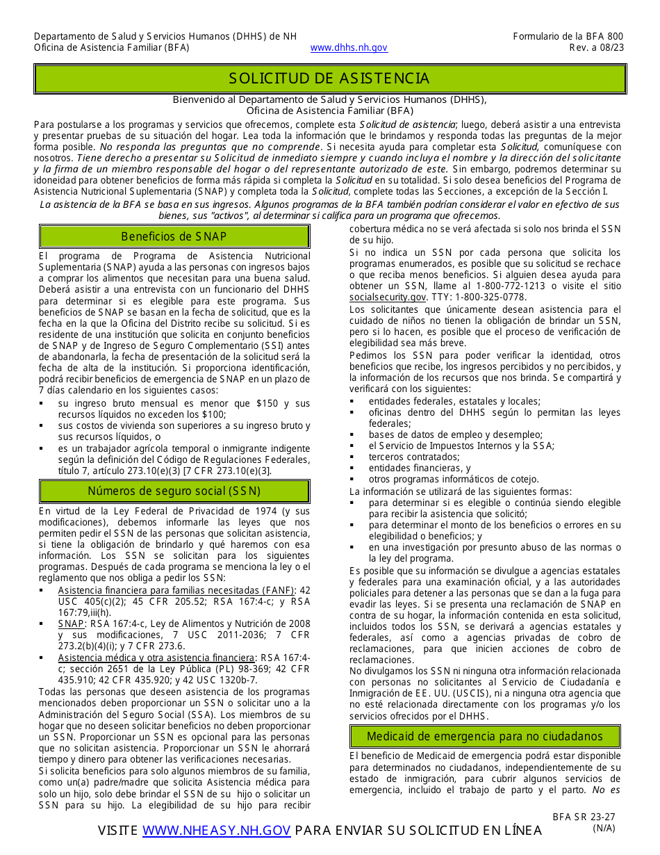 BFA Formulario 800 Solicitud De Asistencia - New Hampshire (Spanish), Page 1