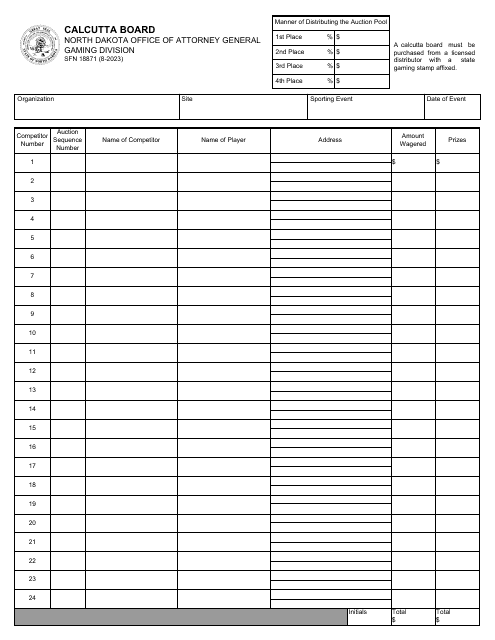 Form SFN18871 Calcutta Board - North Dakota