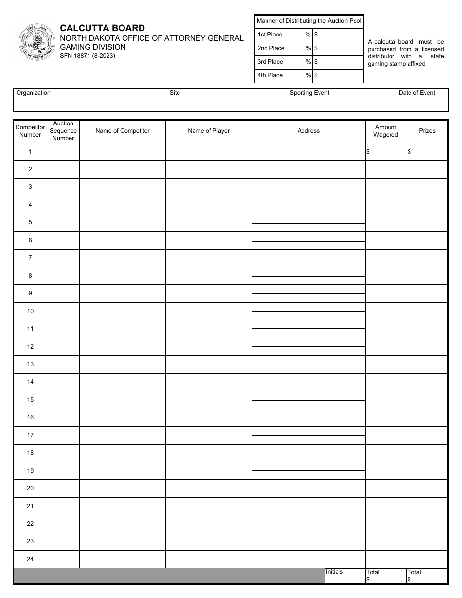 Form SFN18871 Calcutta Board - North Dakota, Page 1