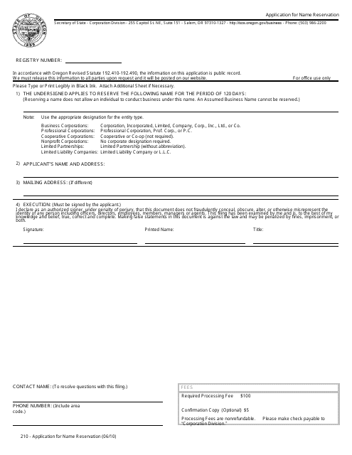 Form 210 Application for Name Reservation - Oregon