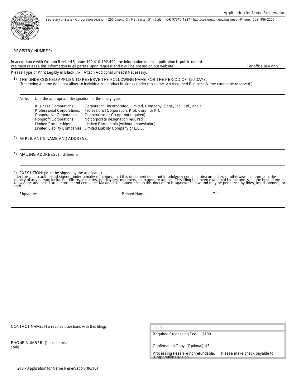 Form 210 - Fill Out, Sign Online and Download Fillable PDF, Oregon ...