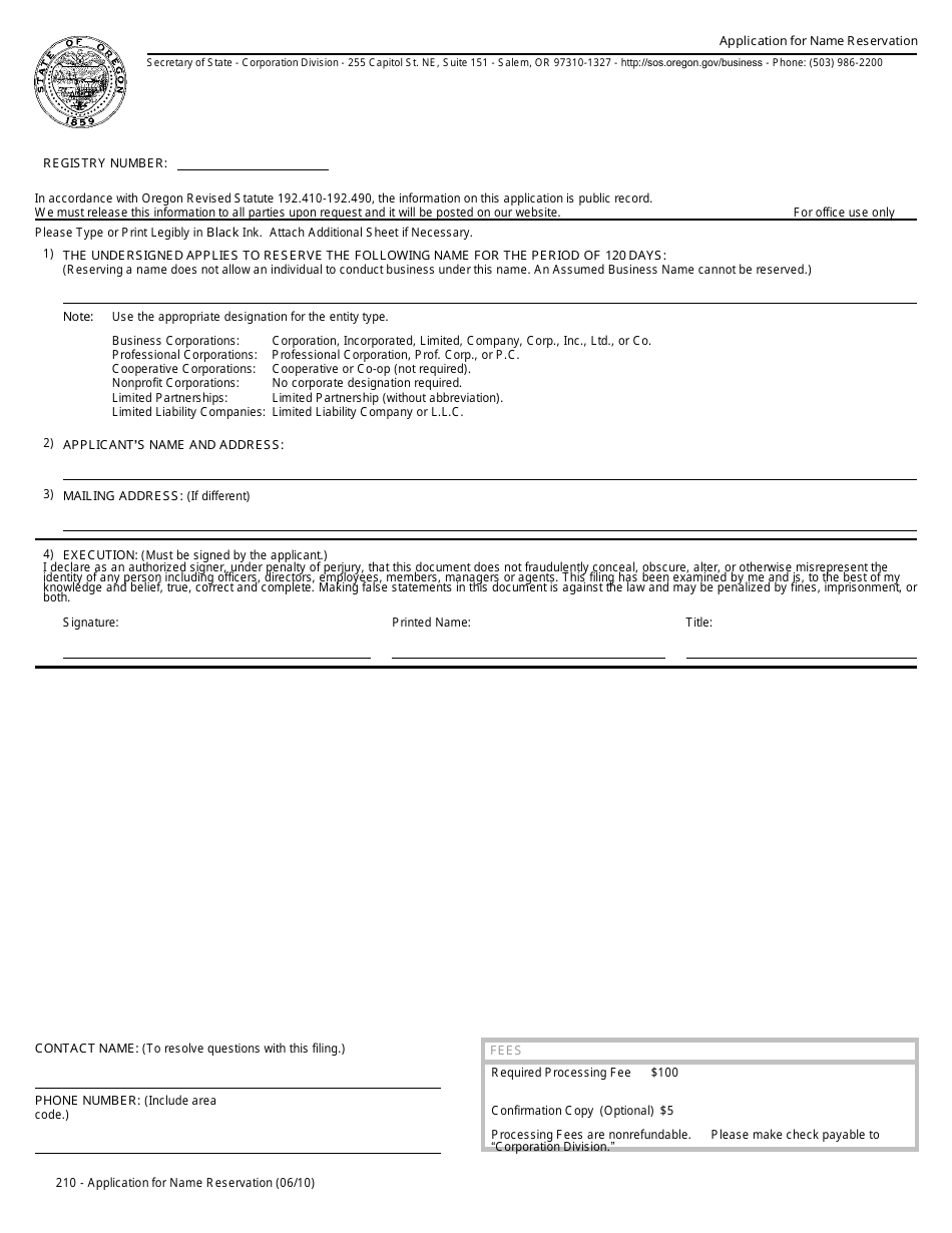 Form 210 Application for Name Reservation - Oregon, Page 1