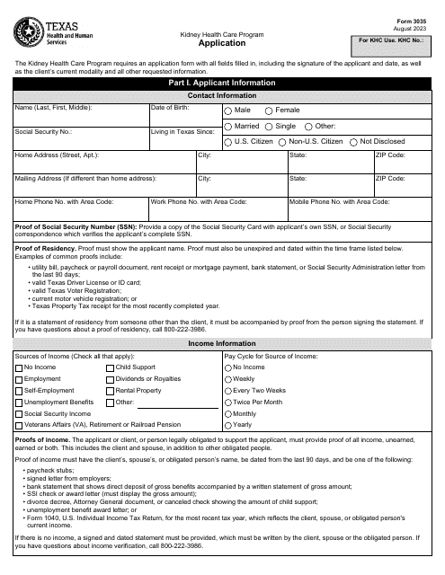 Form 3035 Kidney Health Care Program Application - Texas