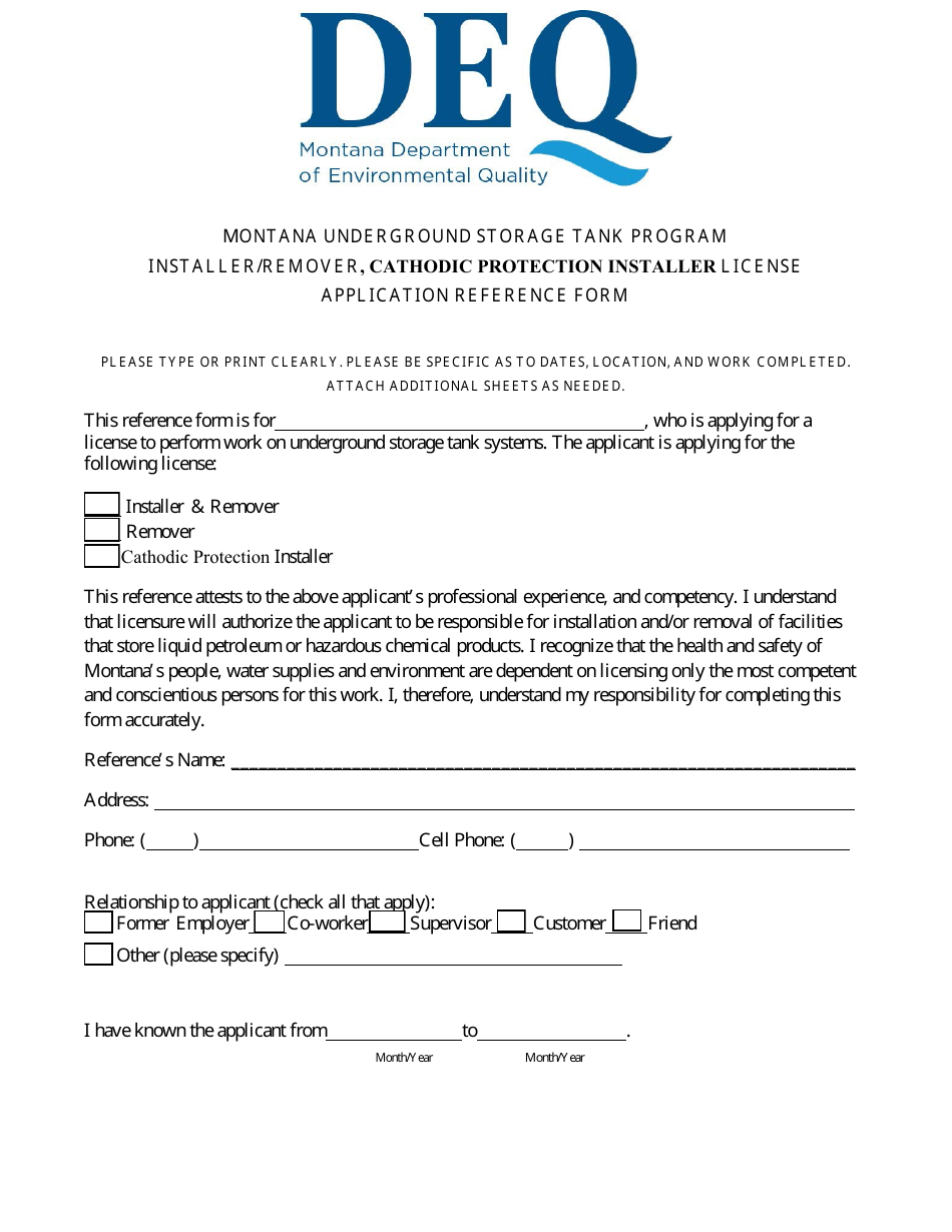 Installer / Remover, Cathodic Protection Installer License Application Reference Form - Montana Underground Storage Tank Program - Montana, Page 1