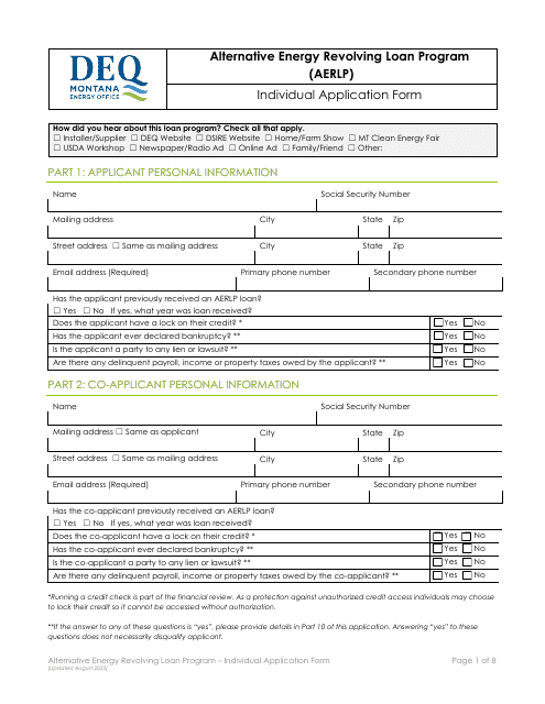 Individual Application Form - Alternative Energy Revolving Loan Program (Aerlp) - Montana Download Pdf