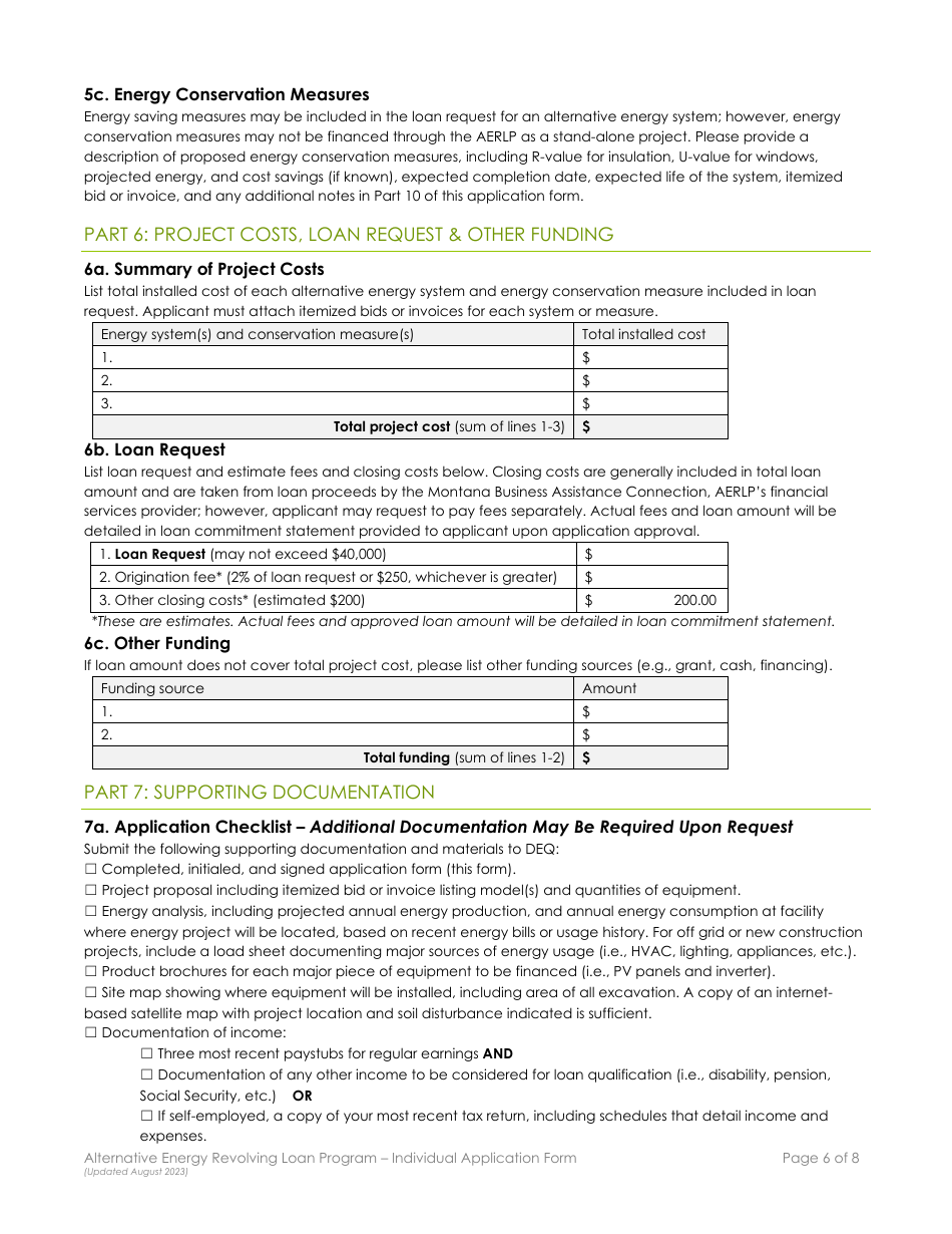 Individual Application Form - Alternative Energy Revolving Loan Program (Aerlp) - Montana, Page 6