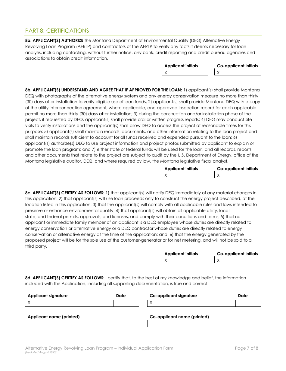 Individual Application Form - Alternative Energy Revolving Loan Program (Aerlp) - Montana, Page 7