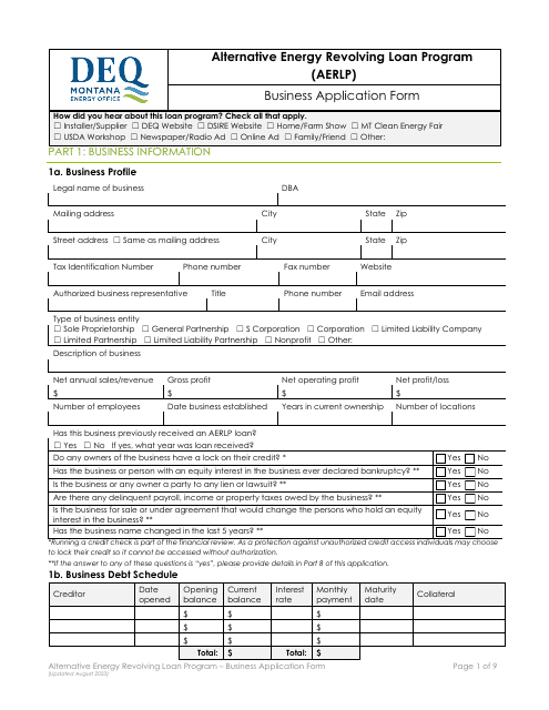 Business Application Form - Alternative Energy Revolving Loan Program (Aerlp) - Montana