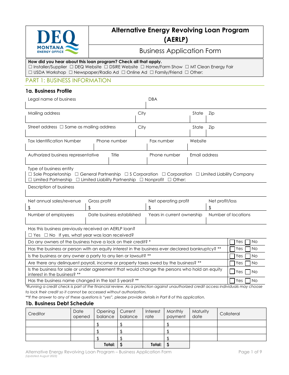 Business Application Form - Alternative Energy Revolving Loan Program (Aerlp) - Montana, Page 1