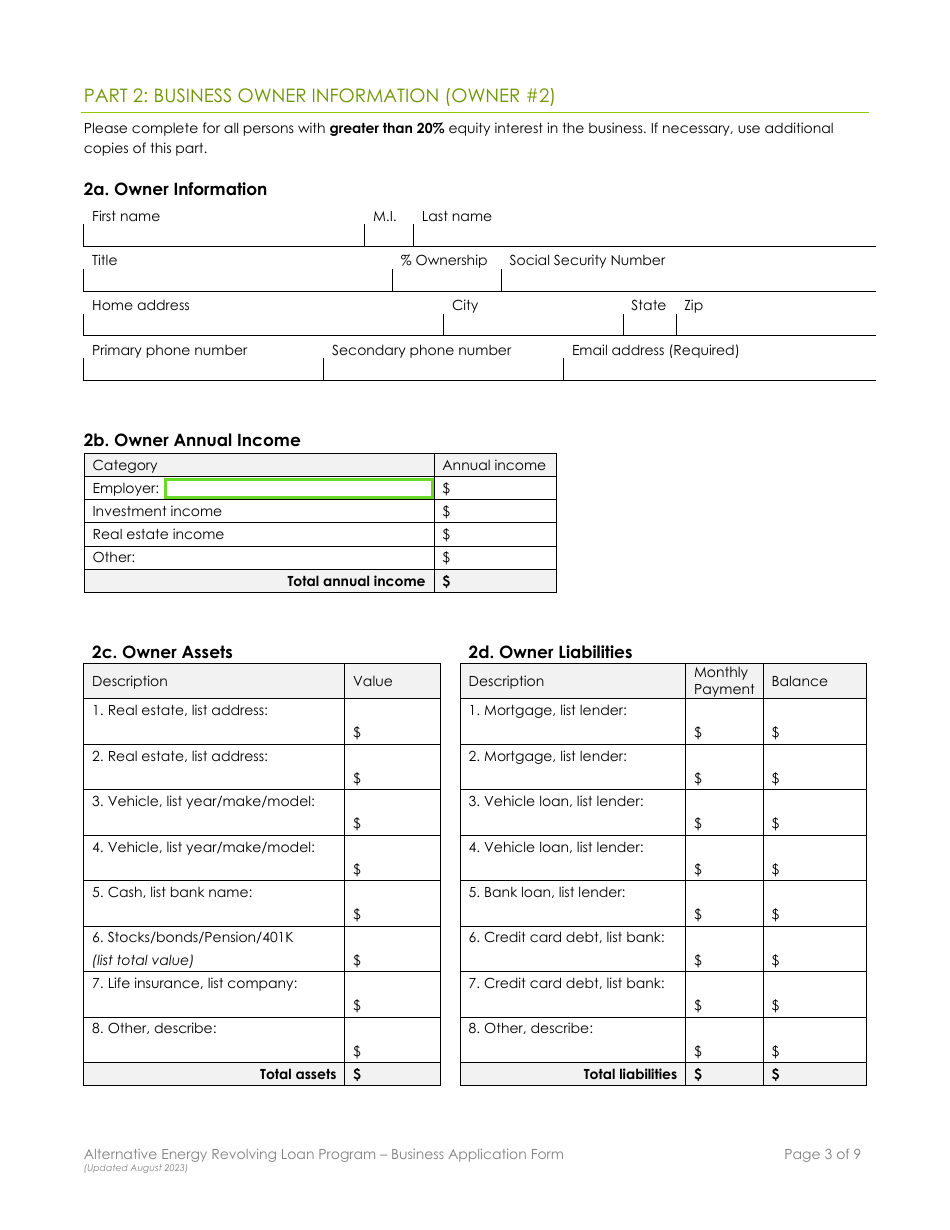 Business Application Form - Alternative Energy Revolving Loan Program (Aerlp) - Montana, Page 3