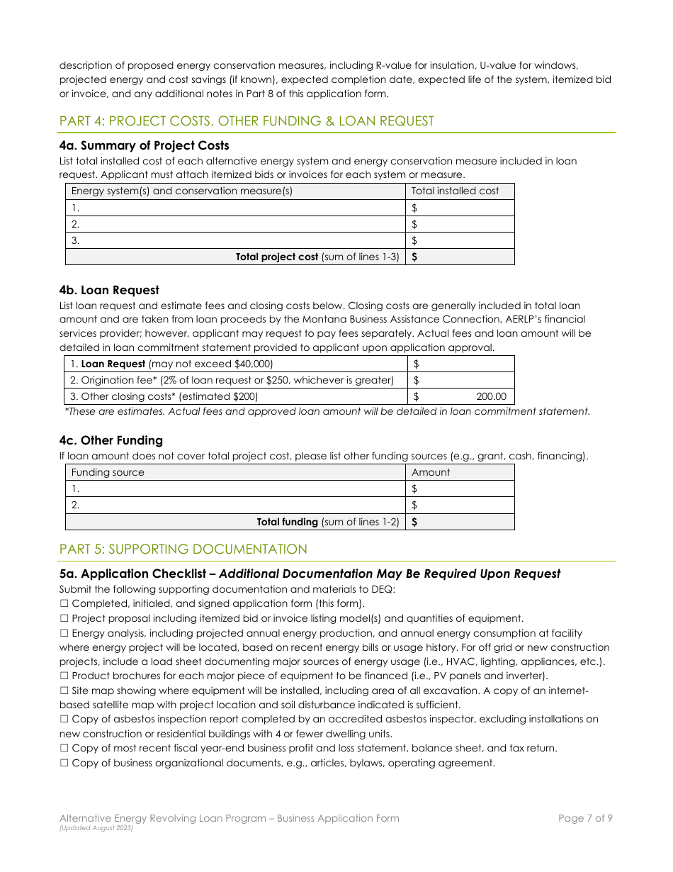 Business Application Form - Alternative Energy Revolving Loan Program (Aerlp) - Montana, Page 7