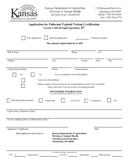 Application for Pullorum/Typhoid Testing Certification - Kansas