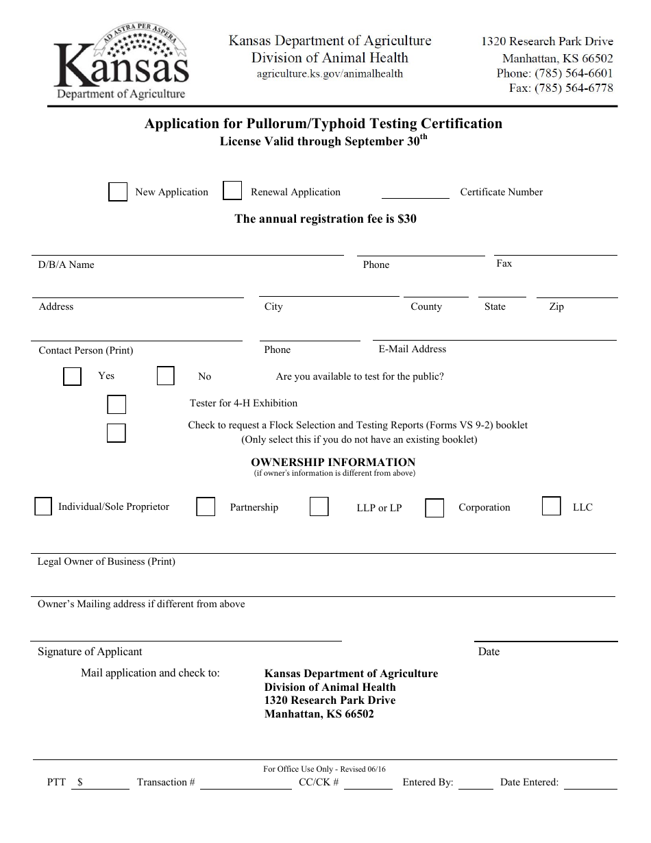Application for Pullorum / Typhoid Testing Certification - Kansas, Page 1