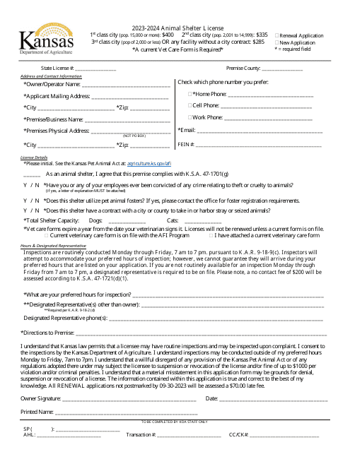 Animal Shelter or Pound License Application - Kansas, 2024